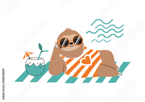 Adorable sloth enjoys a tropical vacation lounging on a beach towel with a cocktail