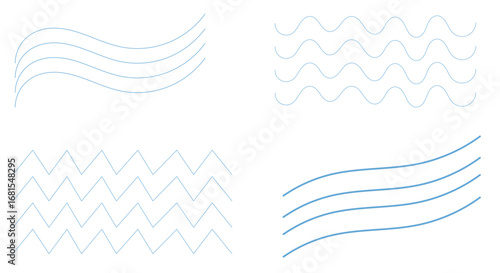 Abstract blue wave line patterns vector set with curved, zigzag, and wavy stripe elements for modern backgrounds, posters, branding, and graphic design
