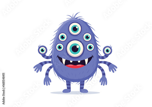 Whimsical blue fluffy monster with many eyes and arms smiling