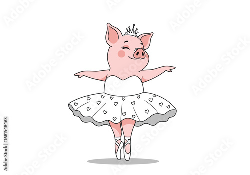 Adorable cartoon pig in a white tutu and ballet shoes dancing gracefully and smiling