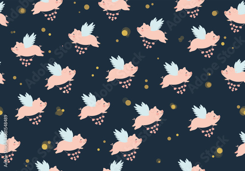Whimsical pink pigs with wings soaring through a starry night sky