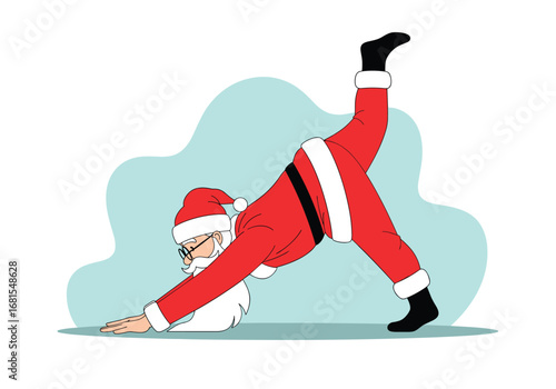 Santa claus practicing yoga stretches in a festive holiday season workout routine