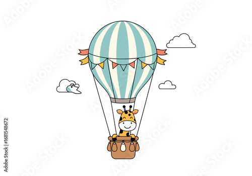 Cute giraffe enjoying a joyful adventure in a whimsical hot air balloon ride