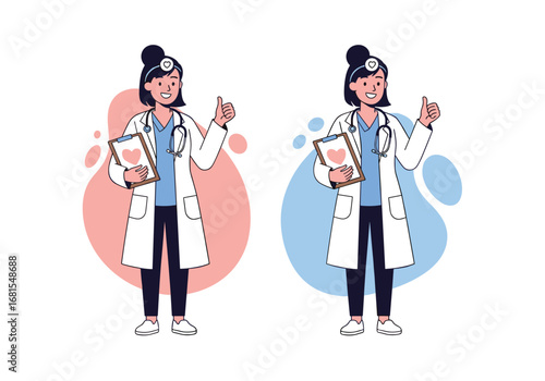 Two female doctors holding clipboards with stylized medical icons standing next to each other