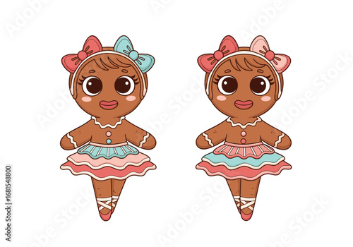 Adorable gingerbread ballerina dolls with sweet pastel tutus and bows dancing gracefully
