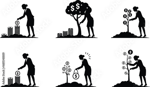 Female business silhouette icons showing investment, financial growth, planting money trees, and nurturing wealth with coin symbols.