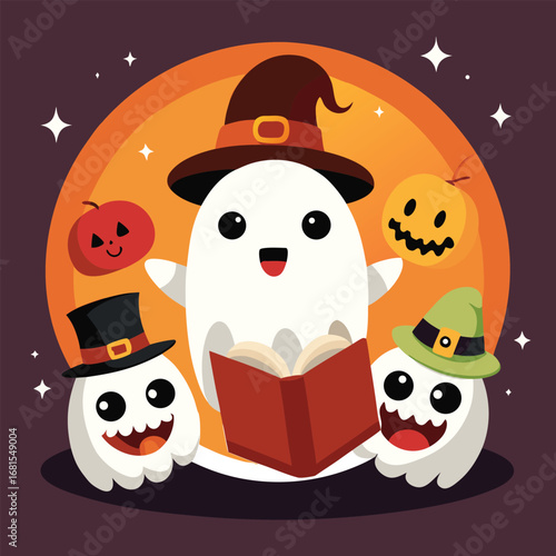 Spooky halloween ghost and monsters cartoon illustration
