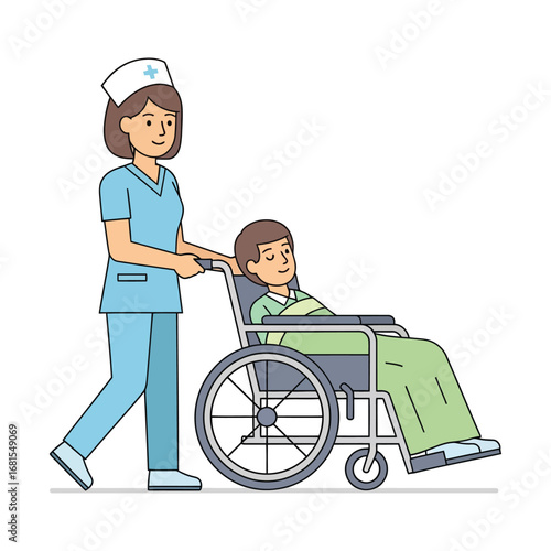 Illustration of a nurse pushing a child in a wheelchair with a green blanket on a white background.