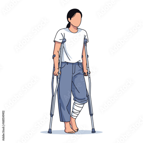 Illustration of a woman with a bandaged leg using crutches on a white background.