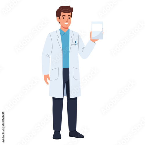 Illustration of a male doctor in a white lab coat holding a tablet