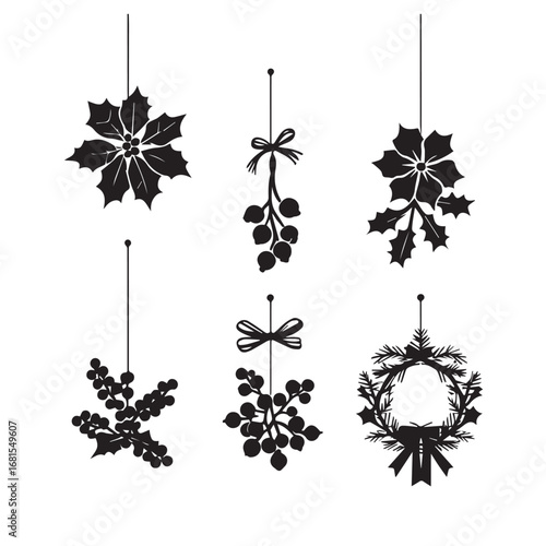 Vector art of set of six christmas ornaments with festive designs like holly, berries, and wreaths