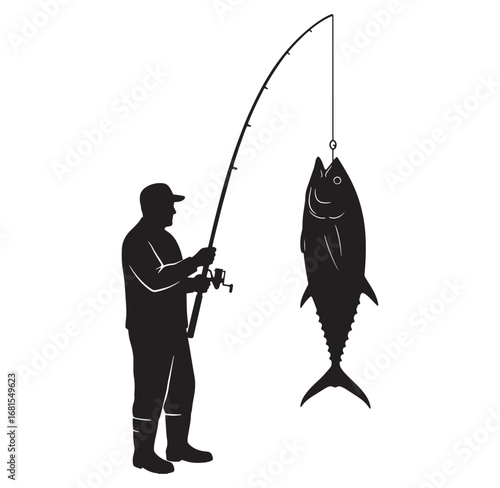 Silhouette of a fisherman celebrating a large tuna catch with fishing rod and line