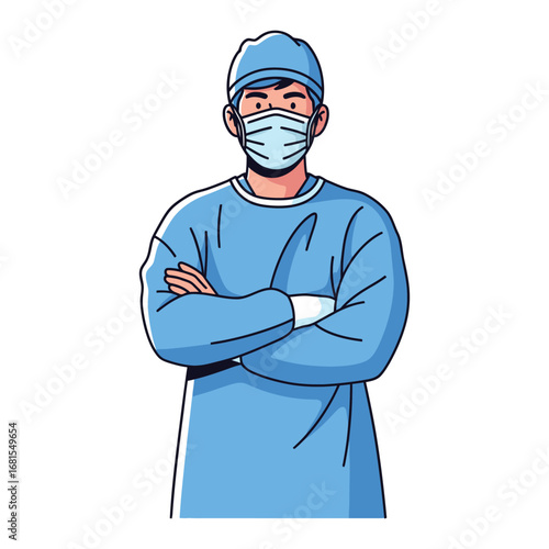 Illustration of a confident doctor wearing a surgical mask and cap with arms crossed