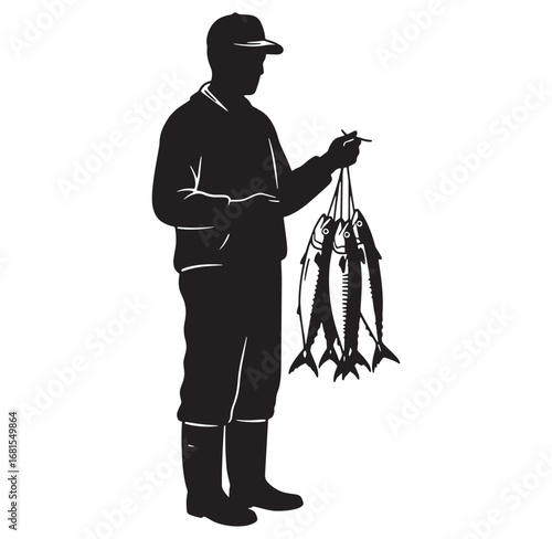 Silhouette of a fisherman displaying his fresh catch of four fish on a white background