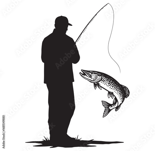 Silhouette of a fisherman catching a northern pike vector illustration design on white background