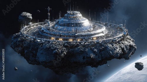 Fototapeta Naklejka Na Ścianę i Meble -  Futuristic space station orbiting a planet (1)