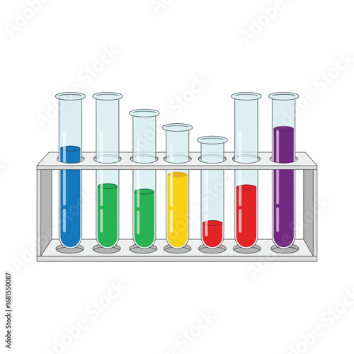 Illustration of a rack of test tubes filled with colorful liquids in a laboratory setting.