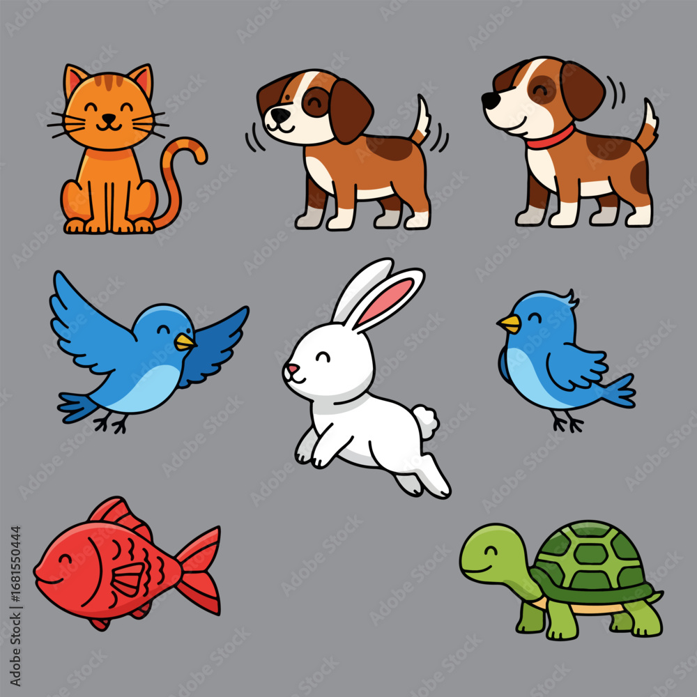 Fototapeta premium Flat vector illustration of cute animal clipart set