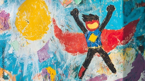 Child's superhero painting on canvas, vibrant colors, naive art, kids art, colorful artwork, fun illustration