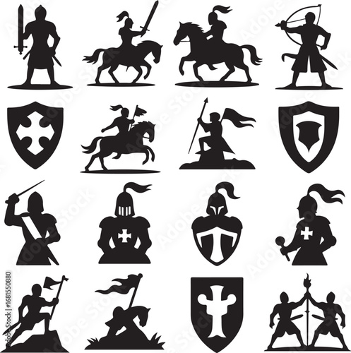 Medieval knights and heraldic symbols in silhouette warrior soldier