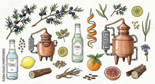 Set of hand drawn botanical illustrations of gin distillation. Doodle drawings of juniper branches, copper gin stills, tonic bottles, citrus peels, and botanical specimens