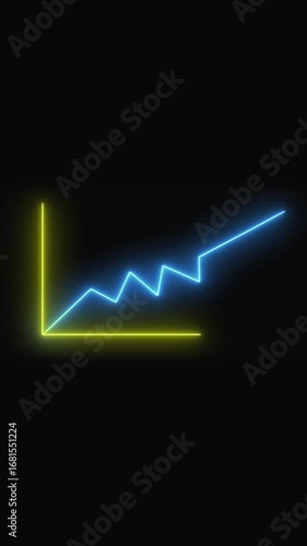 Upward trend line graph vertical video. Neon colors for tech, business, and presentation visuals. Business finance animation vertical video. Neon blue and yellow line graph with seamless background.