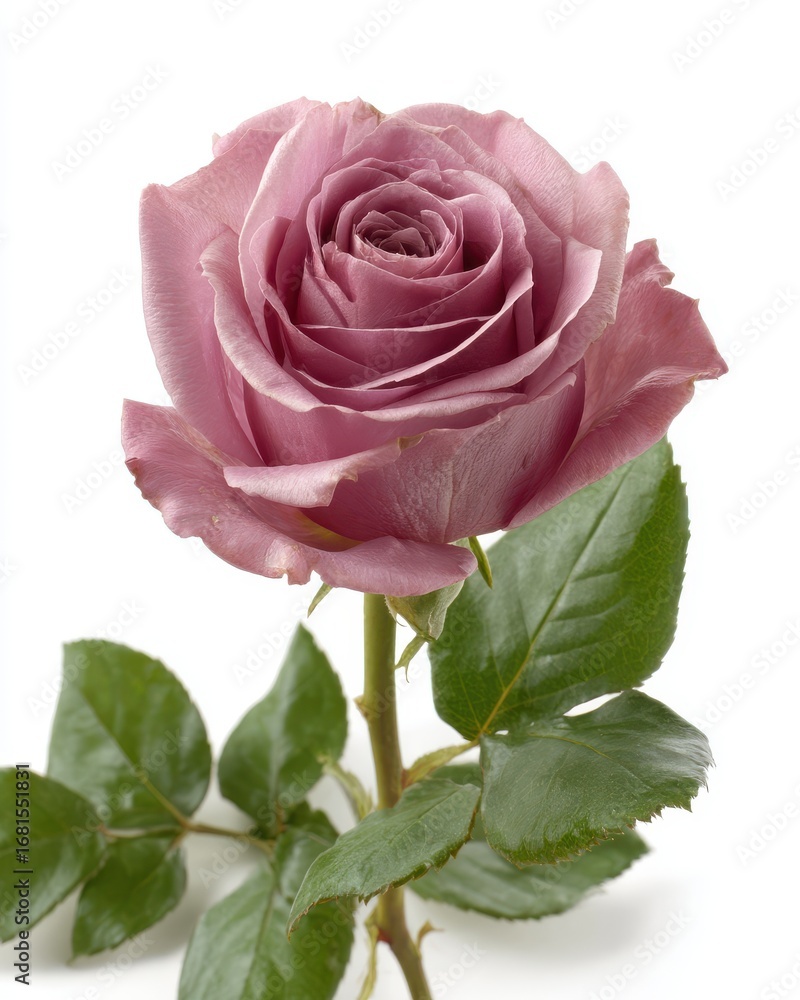 Fototapeta premium Single mauve rose in full bloom studio shot on white background centered close up view of flower and leaves