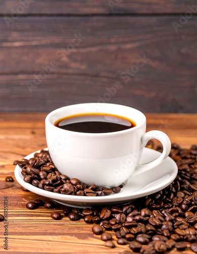 A white coffee cup filled with dark coffee rests on a saucer surrounded by roasted coffee beans on a wooden surface.