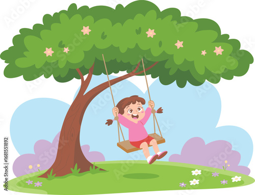 Happy girl excitedly swinging from a tree with a rope swing, enjoying fun outdoor playtime and childhood adventure.
