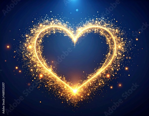 Golden heart shape graphic with sparkling outline on a dark blue background
