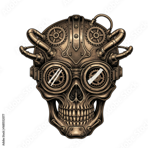 detailed steampunk mechanical skull illustration with gears pipes and goggles, vintage industrial skeleton design, retro metal skull artwork for tattoo and poster
