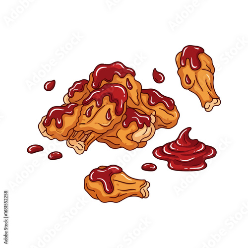 Delicious cartoon vector of fried chicken wings with sauce—perfect food illustration for fast food ads, menu cards, cafe posters, recipe blogs, food projects, and culinary designs.