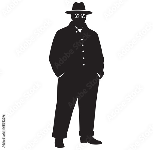 Silhouette of a man wearing a hat coat and glasses with hands in pockets standing