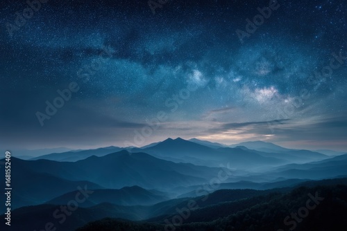 Milky Way shines over the Blue Ridge Mountains at night aerial view landscape nature photography