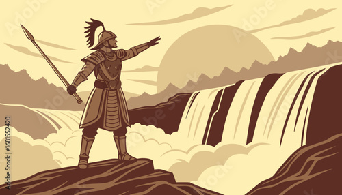 A heroic man standing on top of a waterfall with his arms wide open, traditional warrior outfit, dramatic golden sunset lighting, cinematic wide shot, South Indian epic movie vibe."