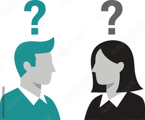 Puzzled couple question mark heads confusion relationship problem solving choice man woman