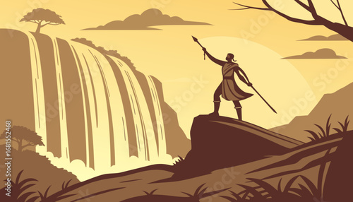 A heroic man standing on top of a waterfall with his arms wide open, traditional warrior outfit, dramatic golden sunset lighting, cinematic wide shot, South Indian epic movie vibe."