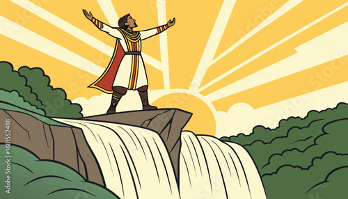 A heroic man standing on top of a waterfall with his arms wide open, traditional warrior outfit, dramatic golden sunset lighting, cinematic wide shot, South Indian epic movie vibe."