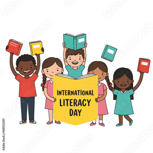 Joyful diverse group of multicultural children holding books together. A cute cartoon illustration celebrating reading, knowledge, and education for kids