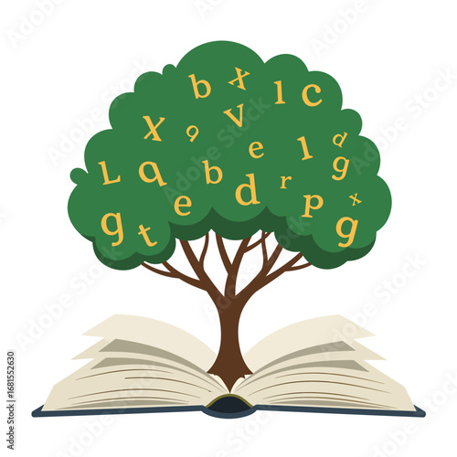 Conceptual illustration of education and imagination with a tree of letters growing out of an open book