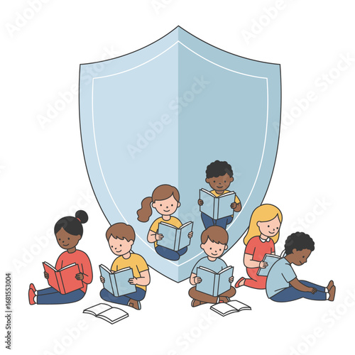 The shield of knowledge protecting a diverse group of young children reading books, a concept for safe learning, literacy, and childhood education