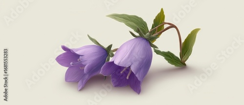 Two purple bellflowers resting on a light background artistic rendering close up studio shot flower photography