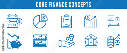 Essential financial icons illustrating core concepts in business and economics for visual communication vector