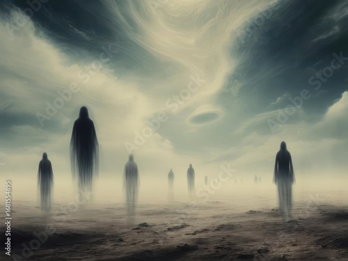 Ethereal figures traverse a desolate landscape beneath a swirling, ominous sky, shrouded in mist.