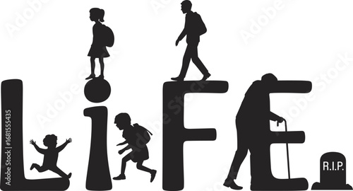 Life cycle silhouette showing growth from childhood to elderly age, human development stages, aging process, journey of life concept.