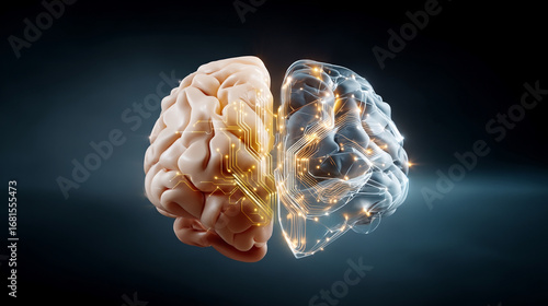 Fascinating hybrid brain merges organic human intelligence with advanced artificial intelligence. Deep cognitive thought and futuristic technology