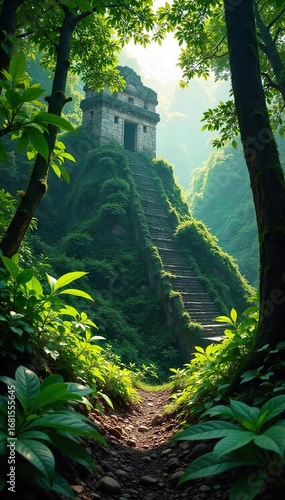 Lush green canopy of a Mayan rainforest, sunlight dappling through leaves, ancient ruins partially obscured by vibrant vegetation A sense of mystery and untouched nature prevails , ruins, life
