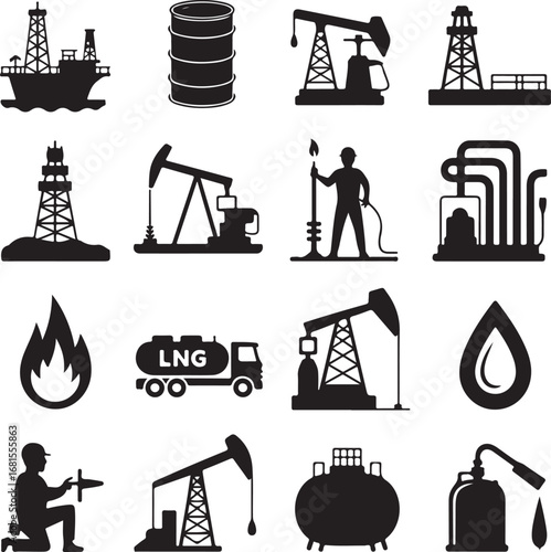 Set of black silhouette icons related to the oil and gas industry energy petroleum