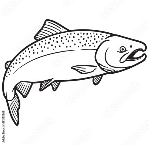 Simple black and white illustration depicting a detailed swimming salmon fish design