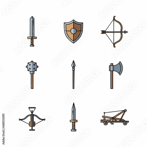 Collection of Medieval Weaponry Icons Including Sword, Shield, and Bow